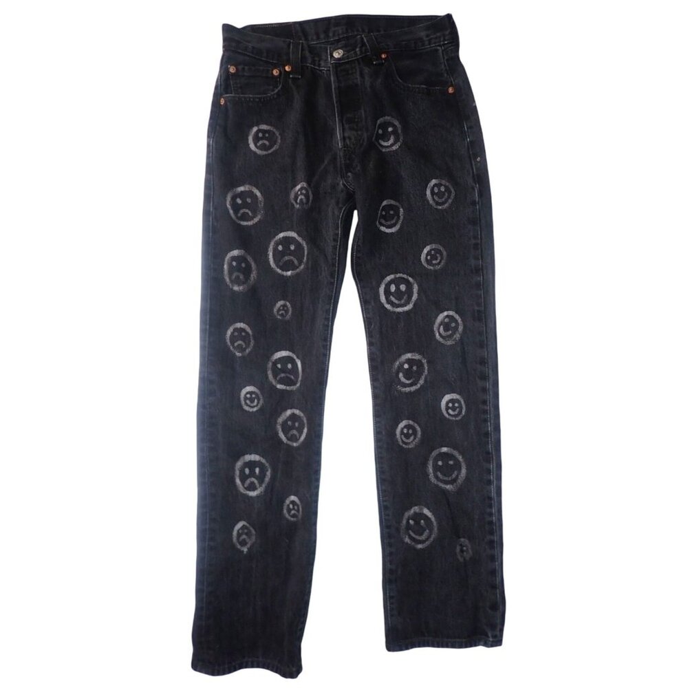 Levis 501 Jeans Bleached Smiley Face Black Denim Button Fly Straight Leg 30 x 32